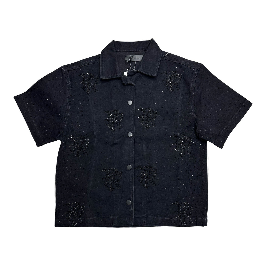 Red Poppy Embroidery Black Shirt - Cropped