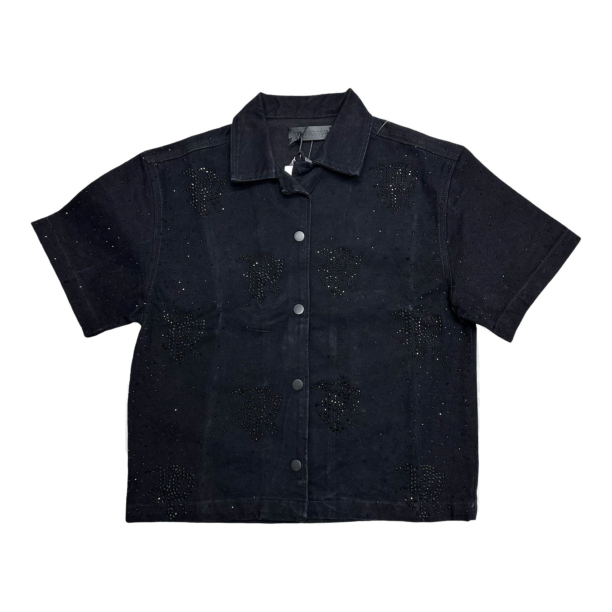 Red Poppy Embroidery Black Shirt - Cropped