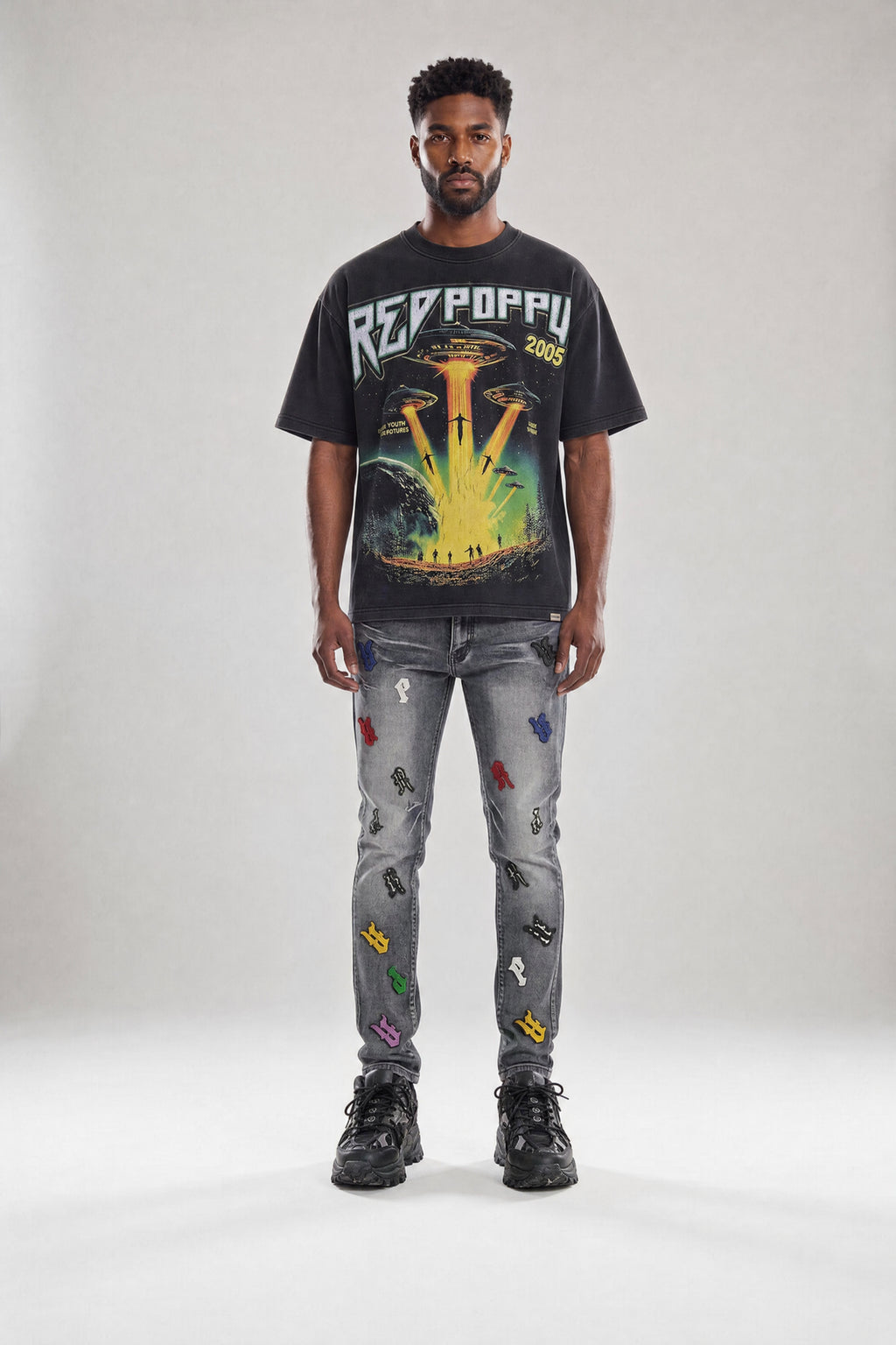 Red Poppy Guitar Jeans - Embroidered