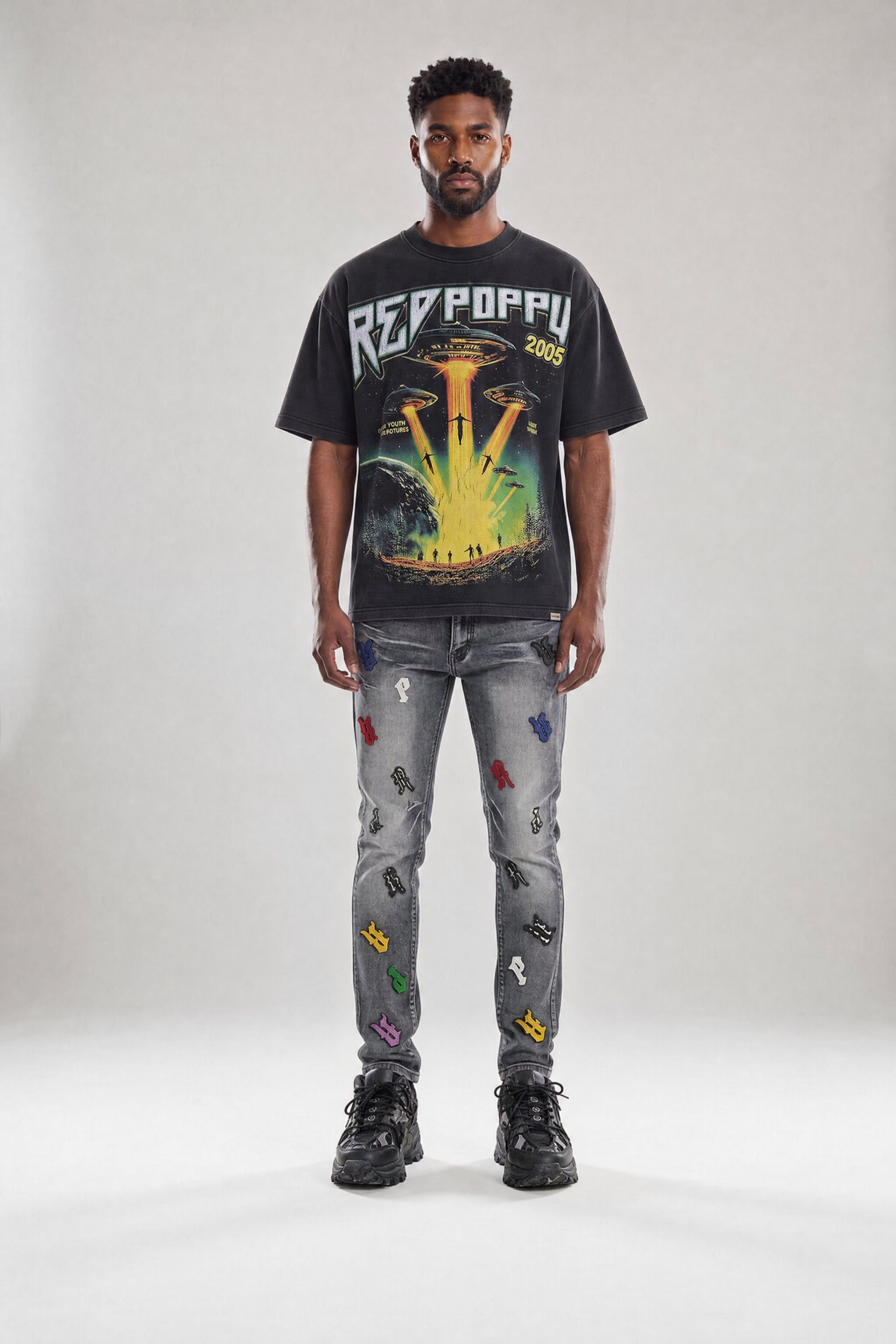Red Poppy Guitar Jeans - Embroidered