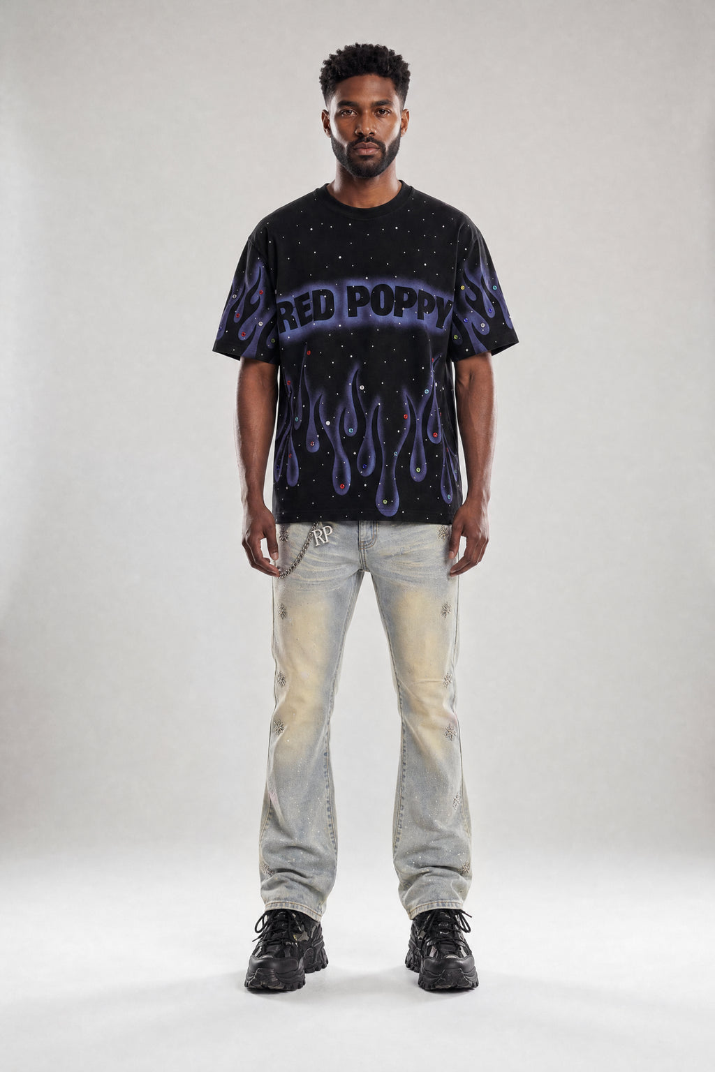 Red Poppy Floral Jeans - Flared Fit