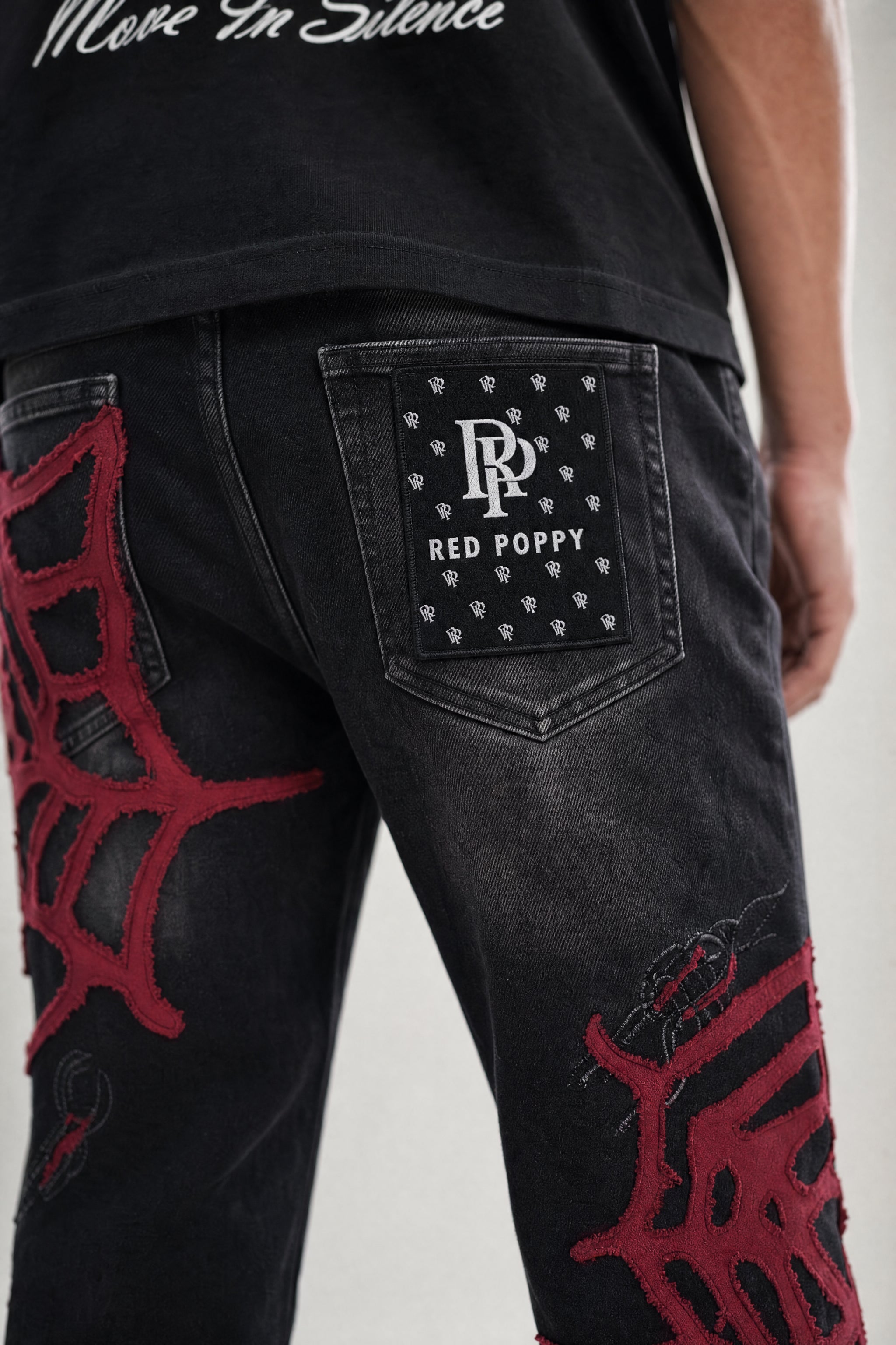 Red Poppy Web Jeans - Graphic Appliqué