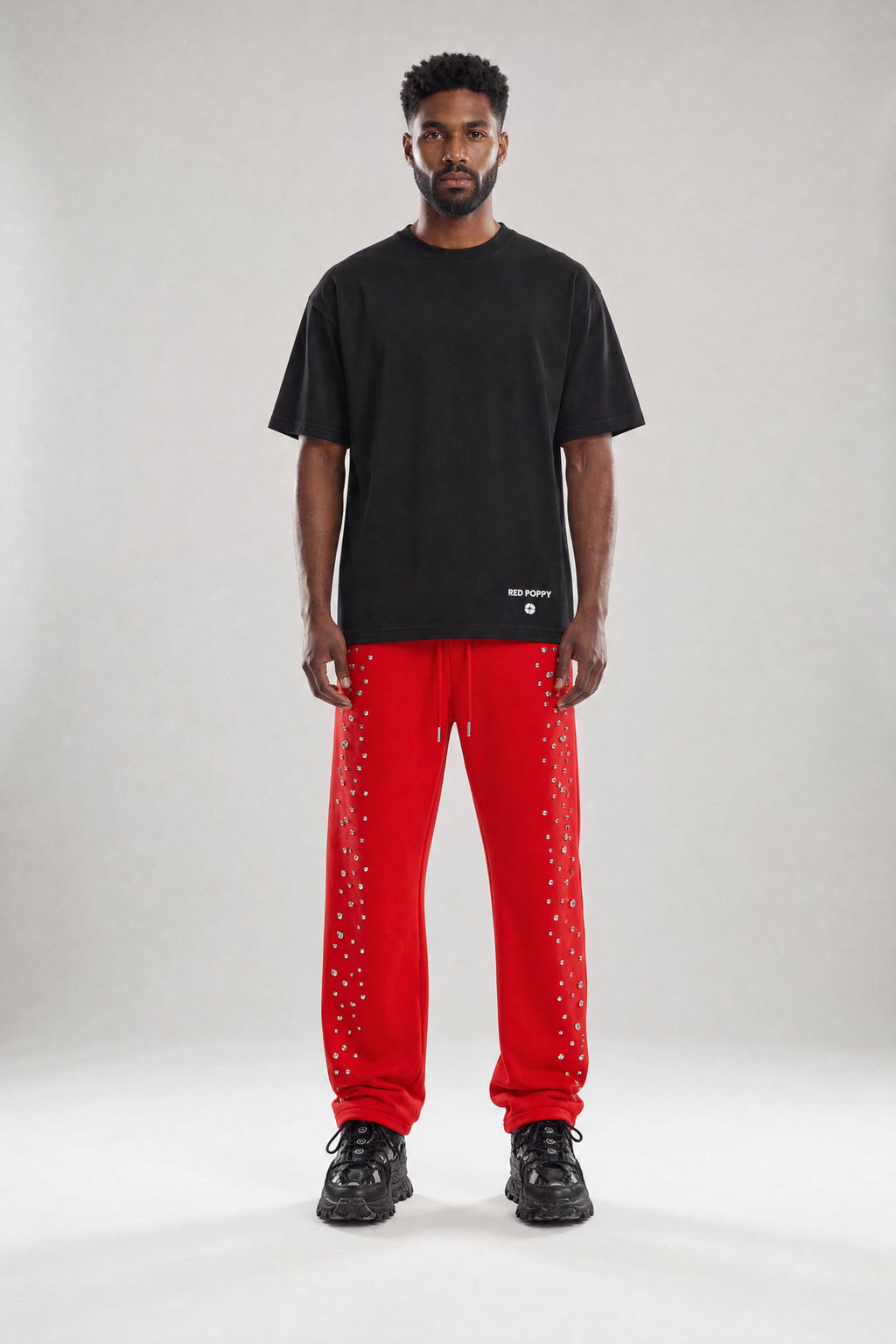 Red Poppy Stud Sweatpants - Embellished