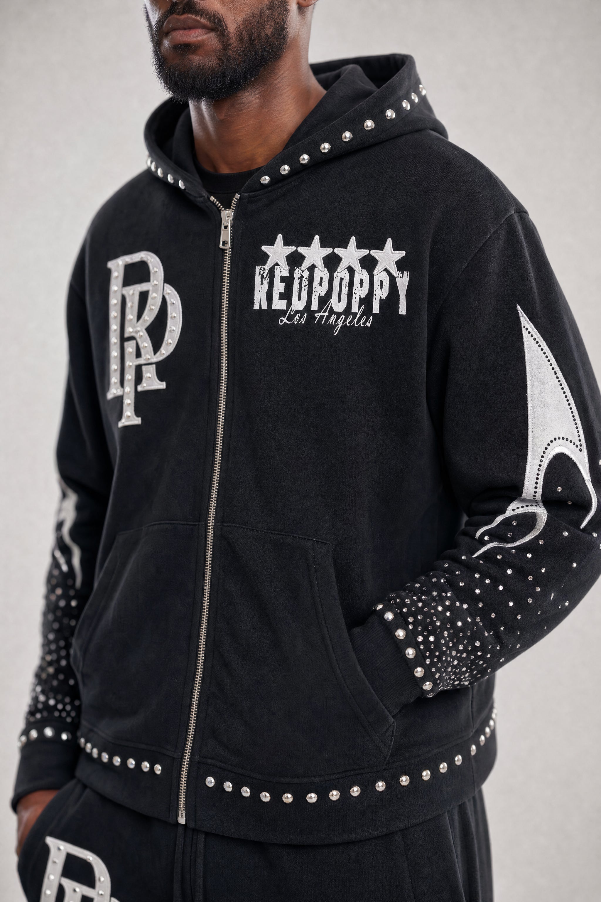 Red Poppy Star Zip Up Hoodie - Studded