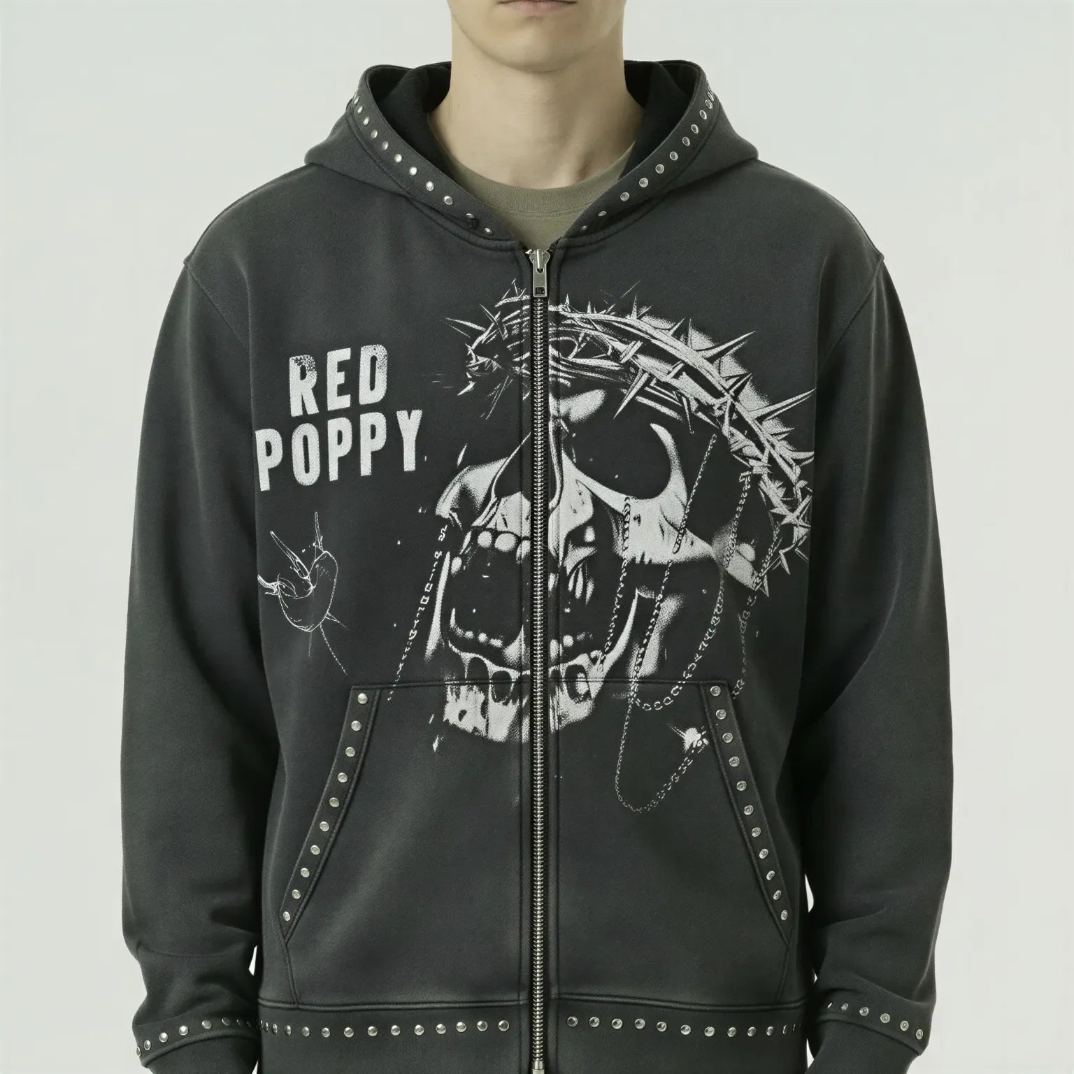 Red Poppy Skull Hoodie - Studded