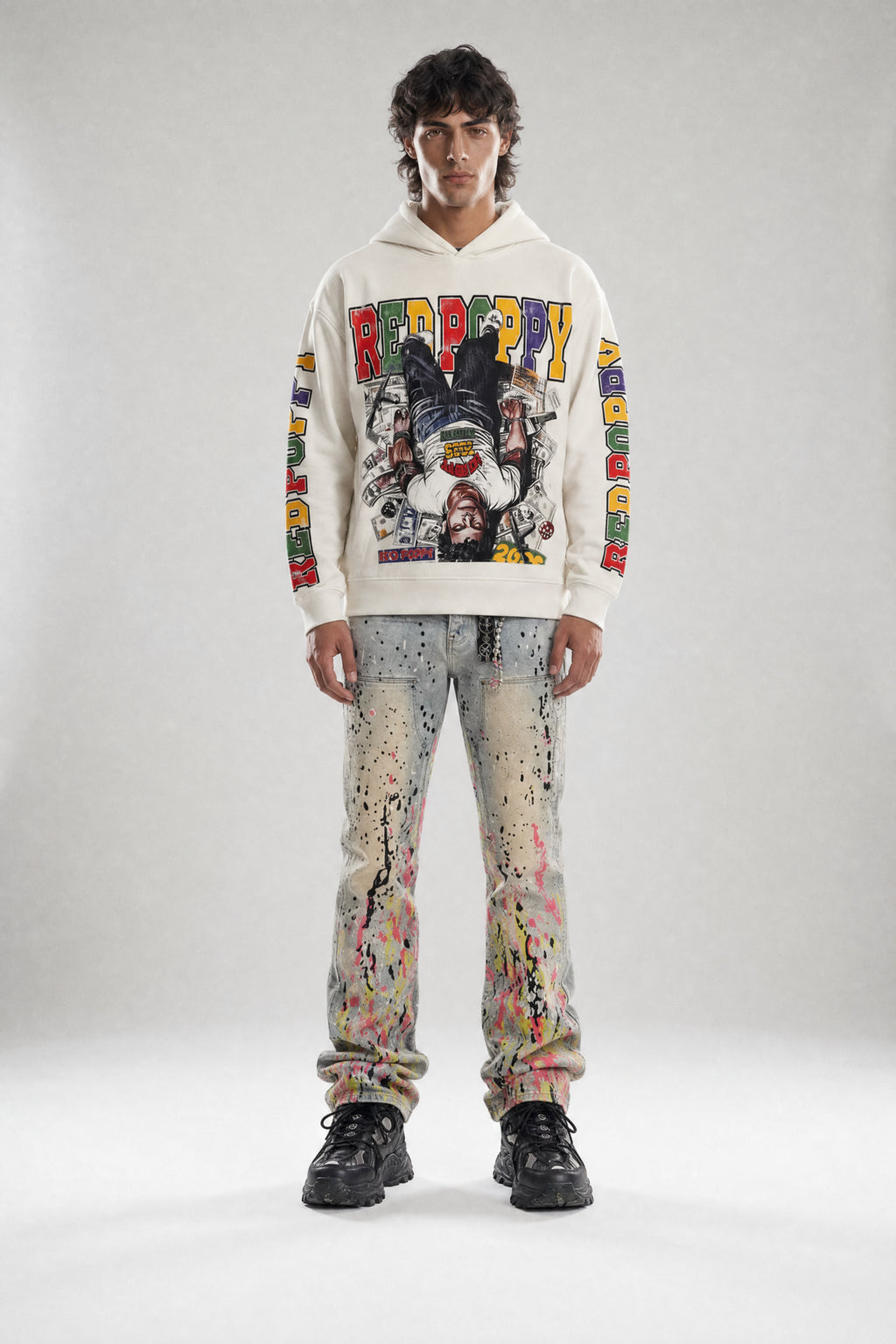 Red Poppy Splatter Jeans - Stacked