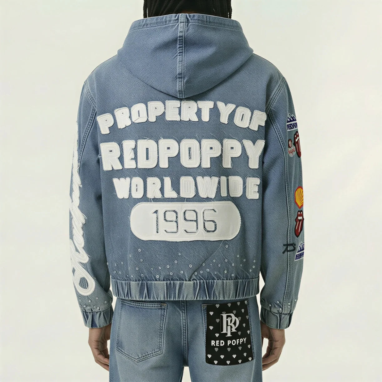 Red Poppy Patch Denim Jacket - Hooded