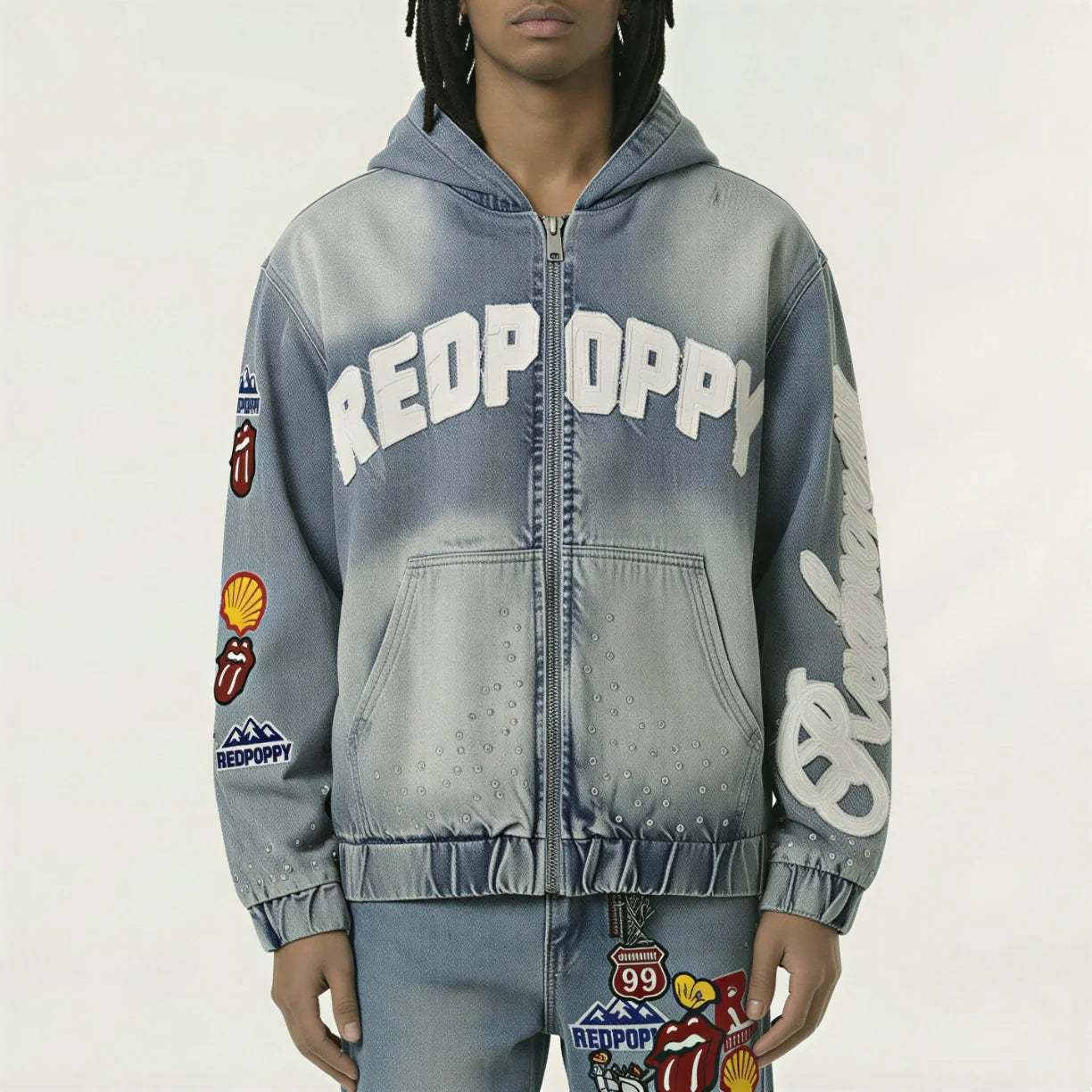 Red Poppy Patch Denim Jacket - Hooded