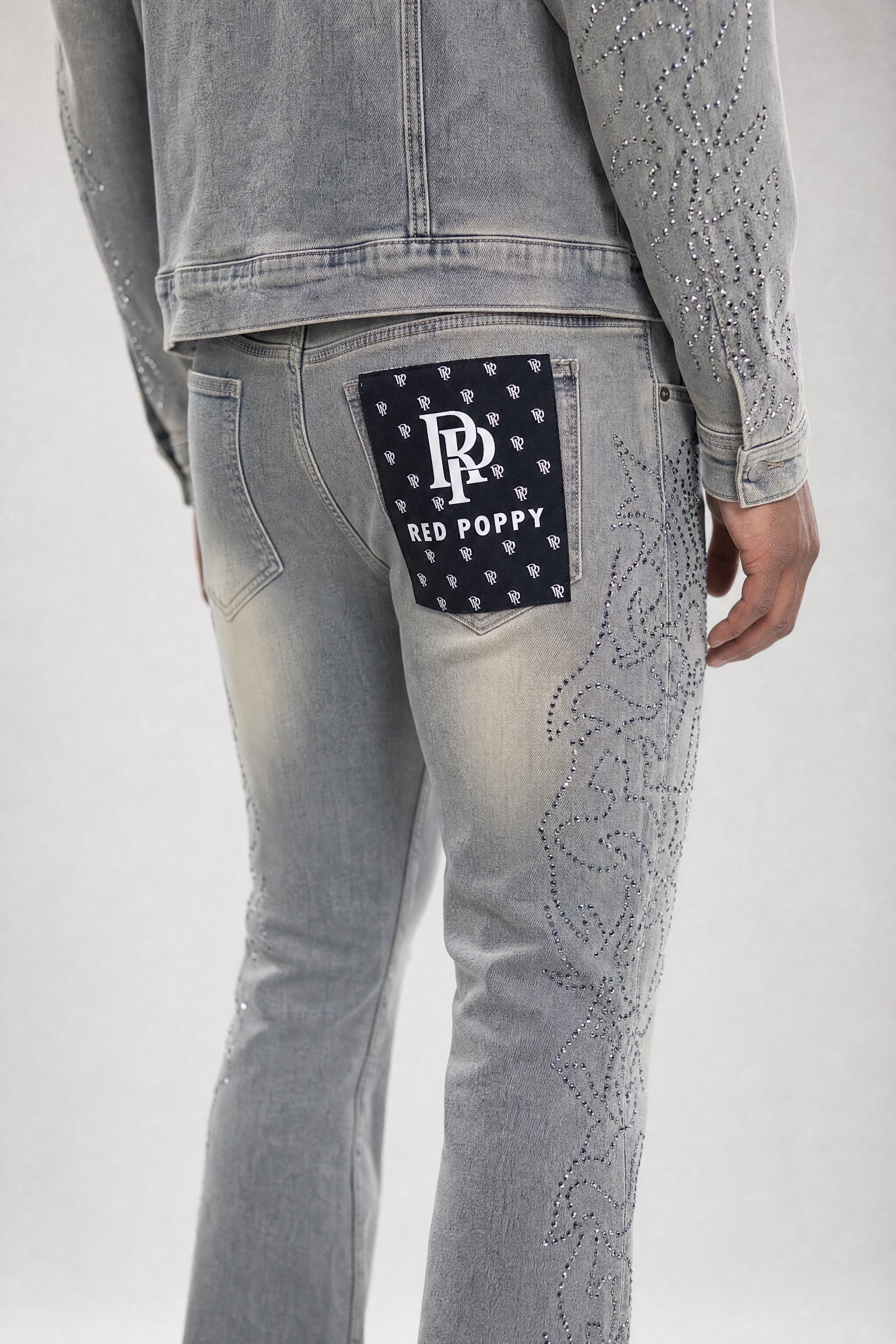 Red Poppy Embroidered Jeans - Stacked Flare