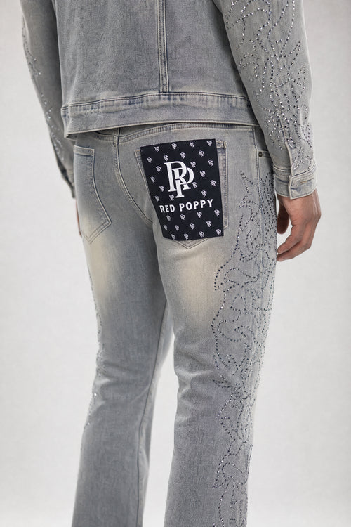 Red Poppy Embroidered Jeans - Stacked Flare