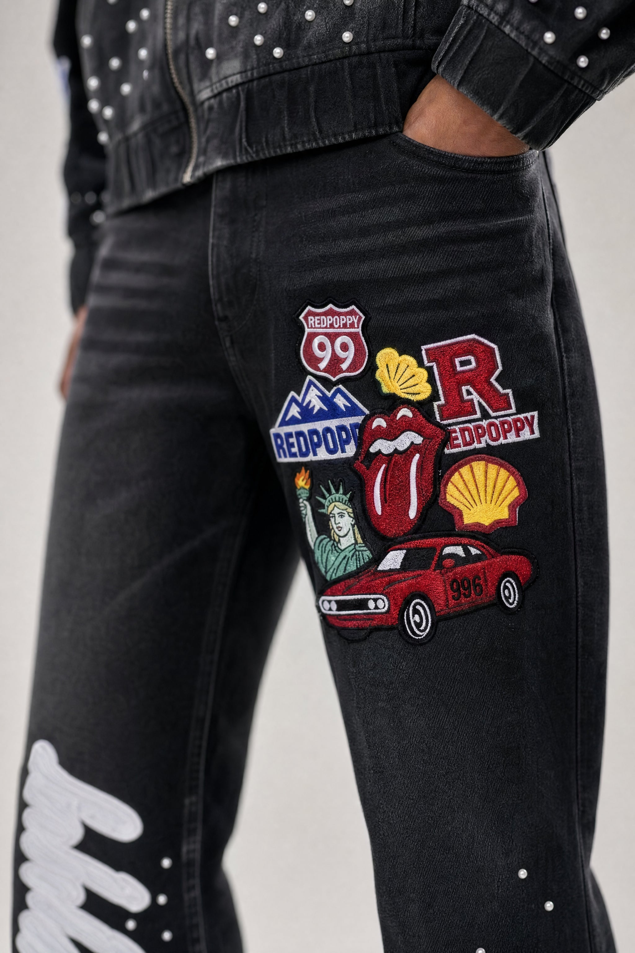 Red Poppy Embellished Jeans - Graphic