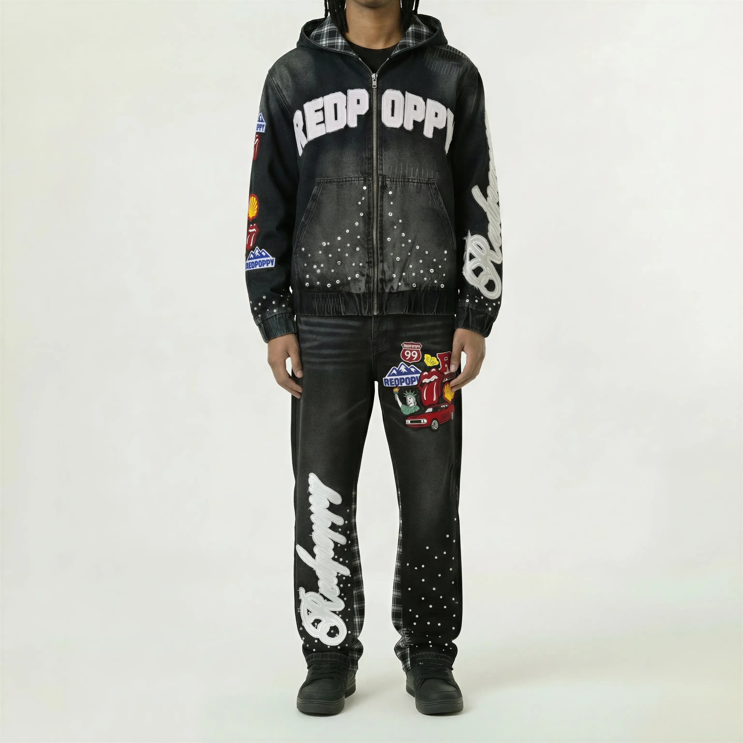 Red Poppy Embellished Jeans - Graphic