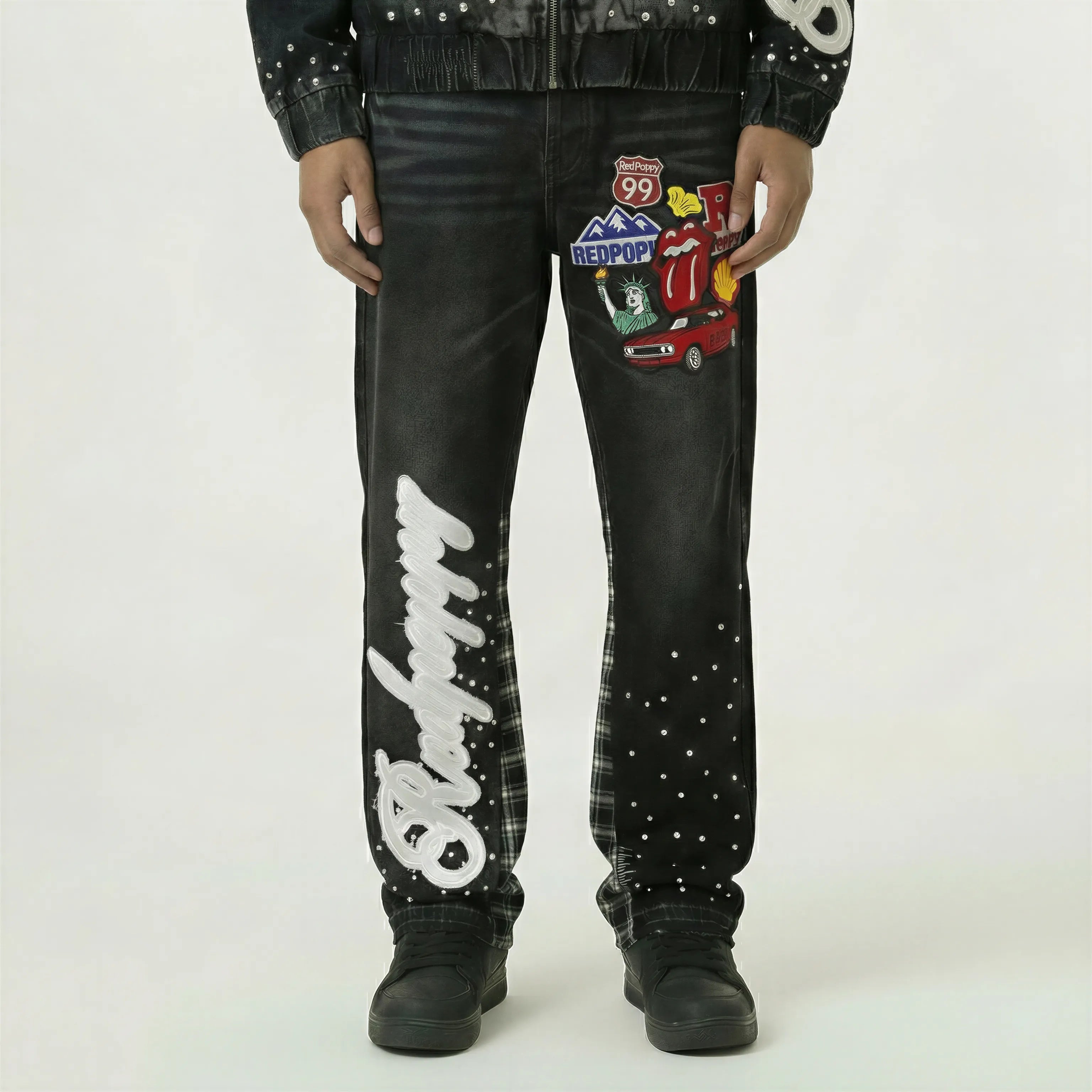 Red Poppy Embellished Jeans - Graphic