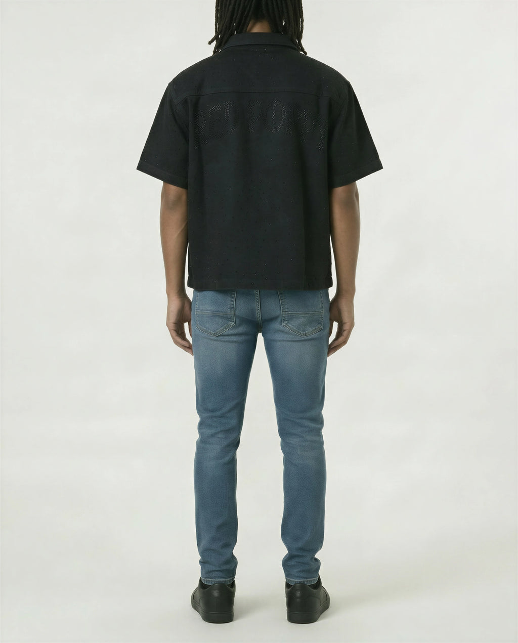 Red Poppy Embroidery Black Shirt - Cropped