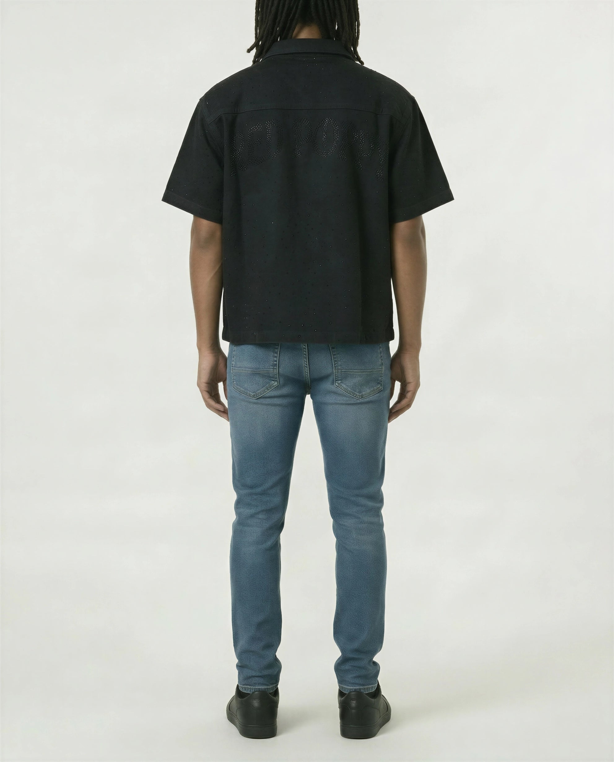 Red Poppy Embroidery Black Shirt - Cropped