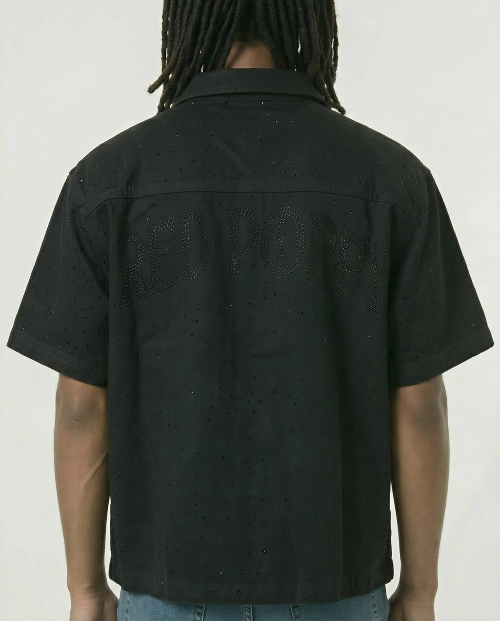 Red Poppy Embroidery Black Shirt - Cropped