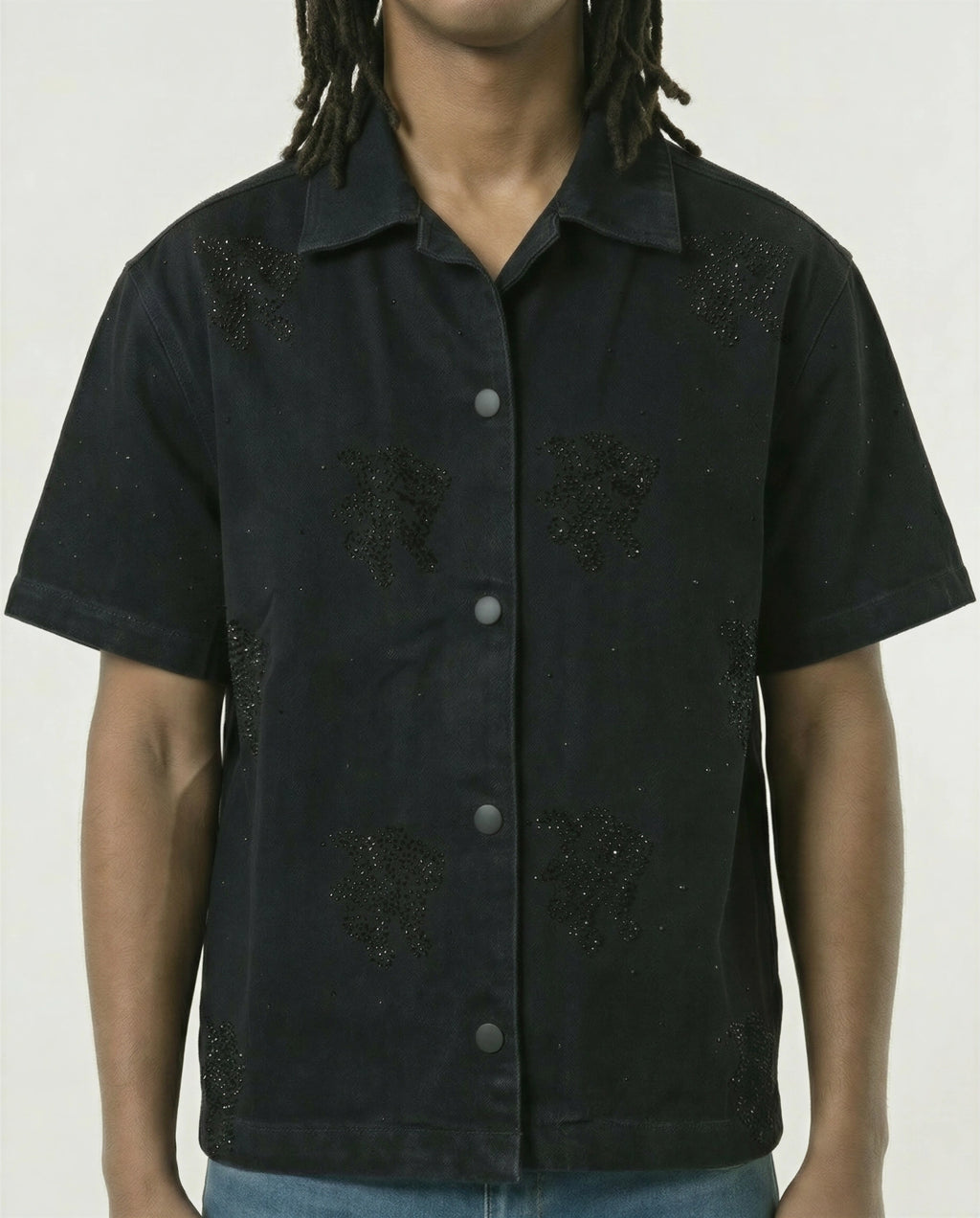 Red Poppy Embroidery Black Shirt - Cropped