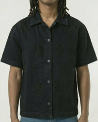 Red Poppy Embroidery Black Shirt - Cropped