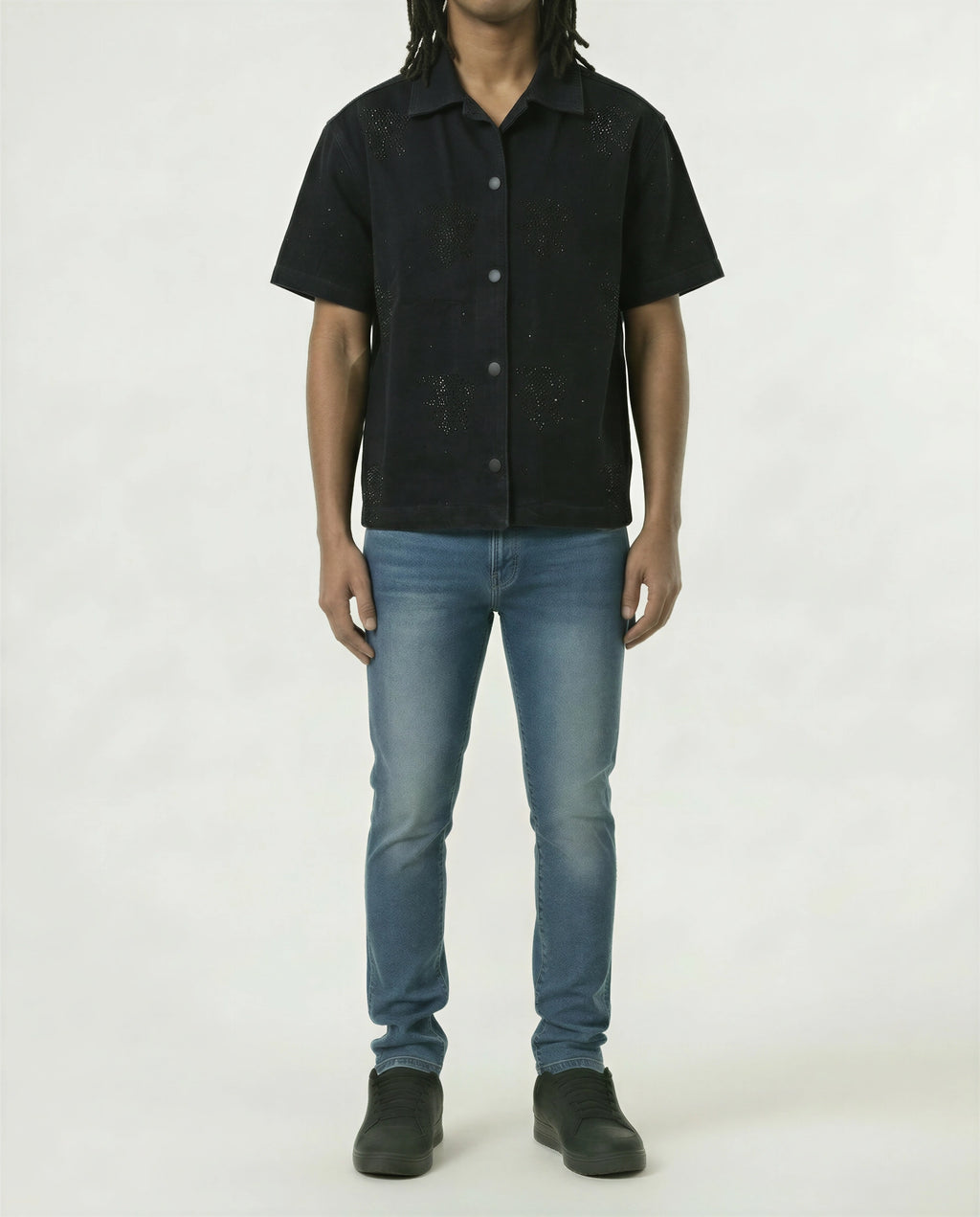 Red Poppy Embroidery Black Shirt - Cropped