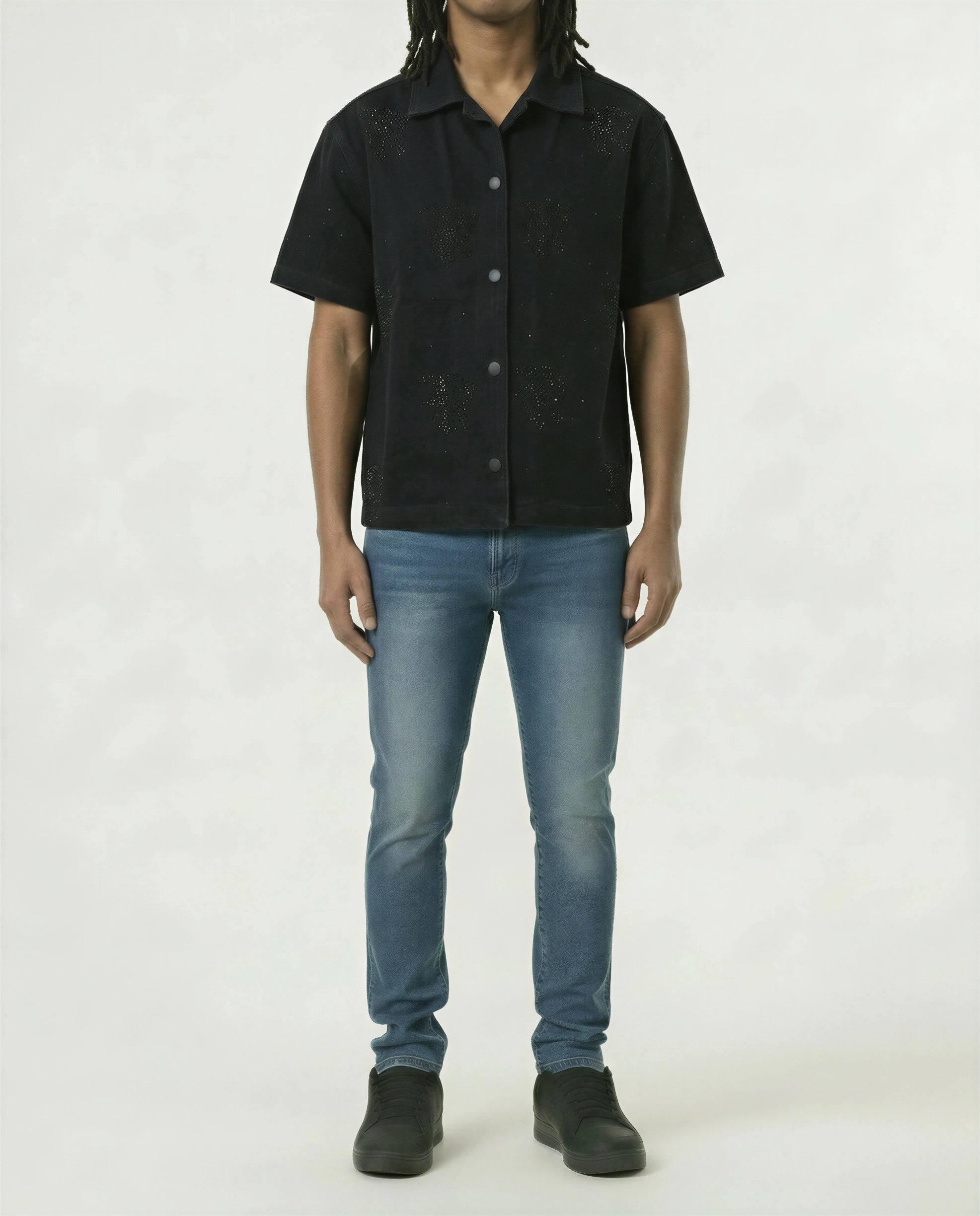 Red Poppy Embroidery Black Shirt - Cropped