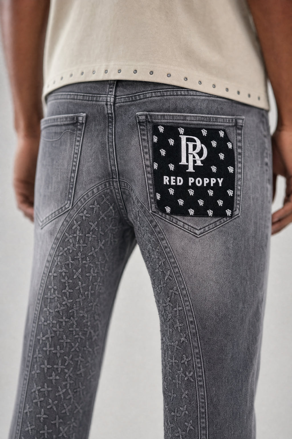Red Poppy Script Jeans - Embroidered