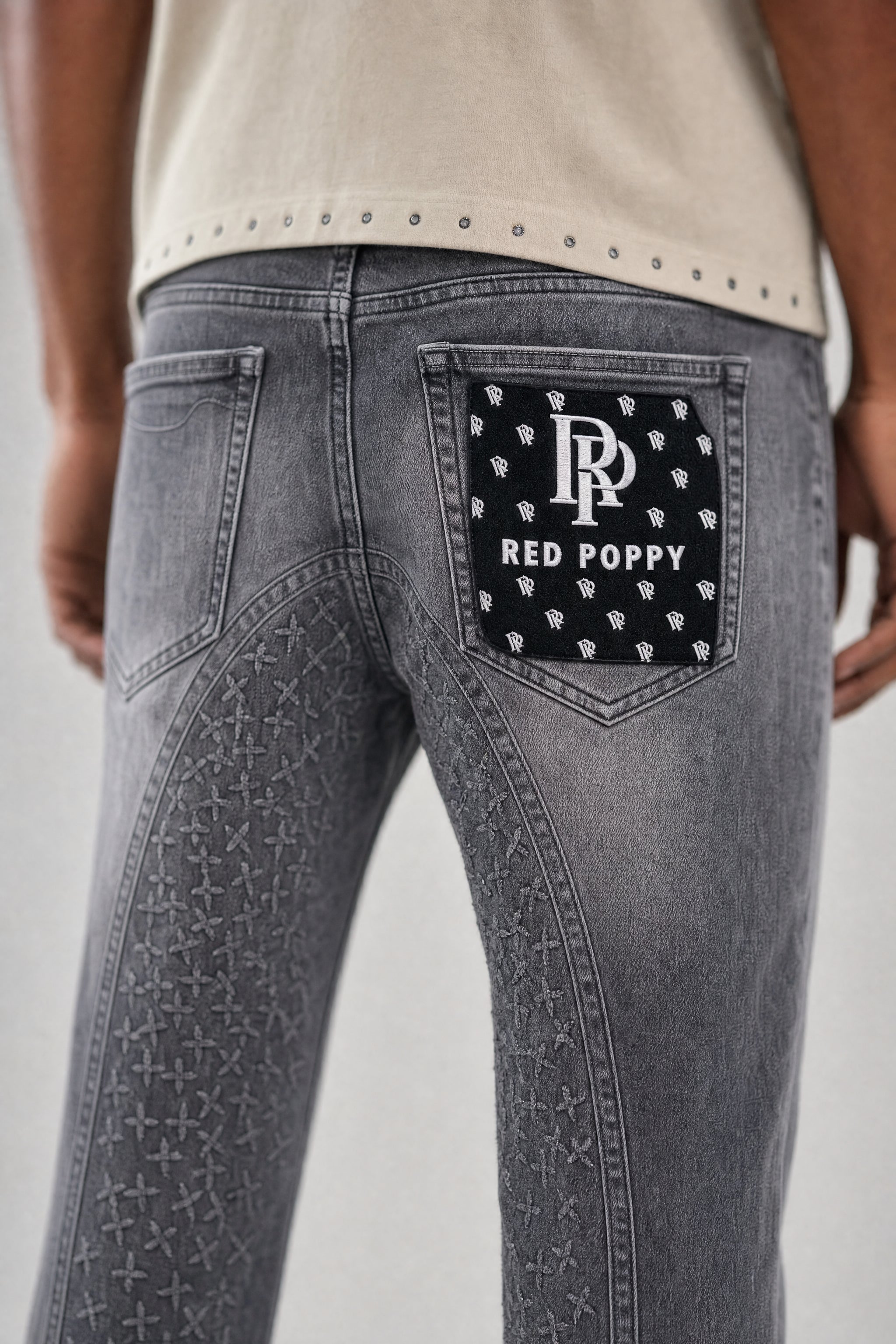 Red Poppy Script Jeans - Embroidered