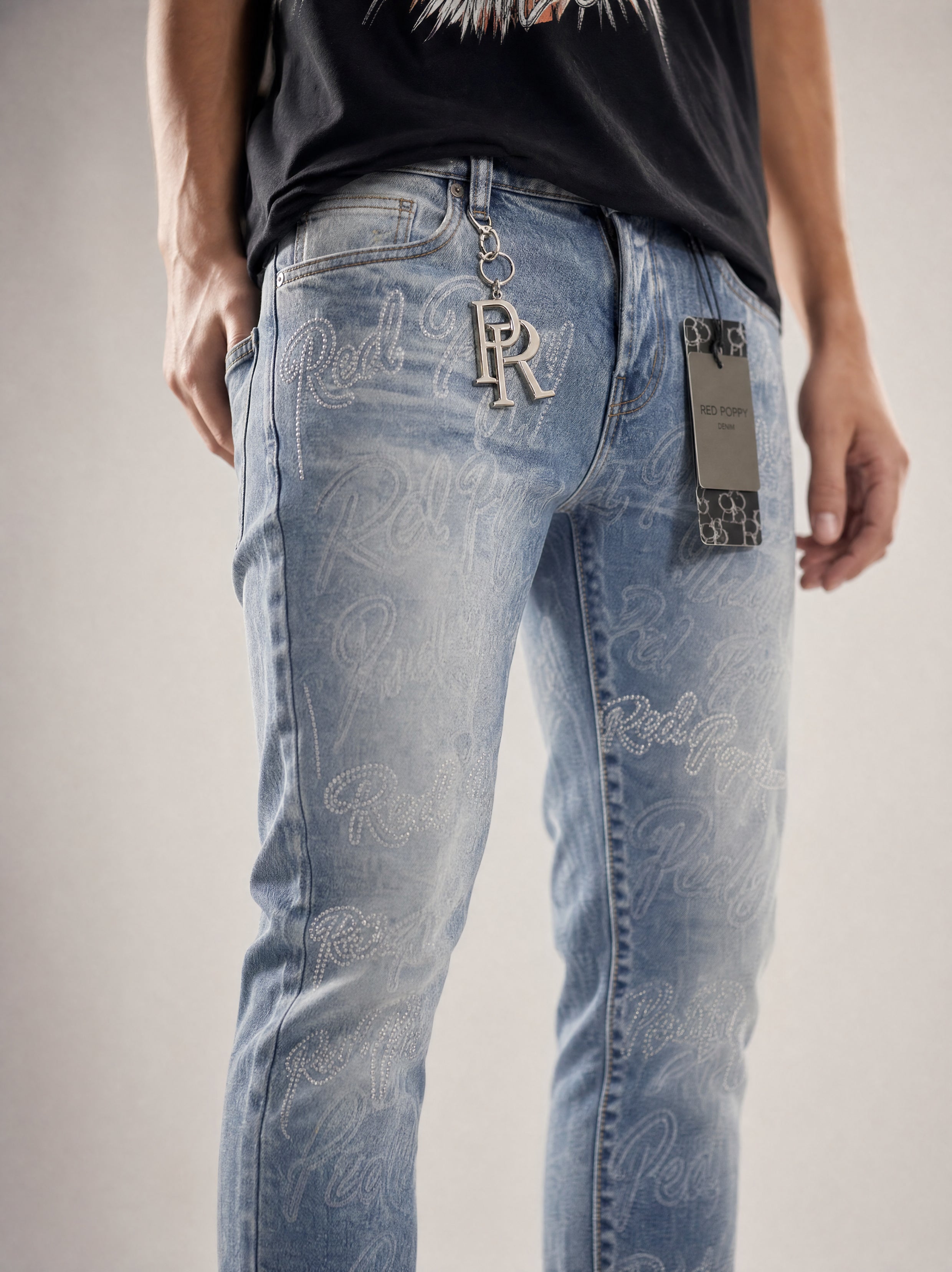 Red Poppy Script Jeans - Graphic