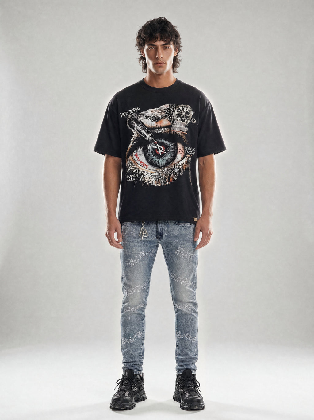 Red Poppy Script Jeans - Graphic