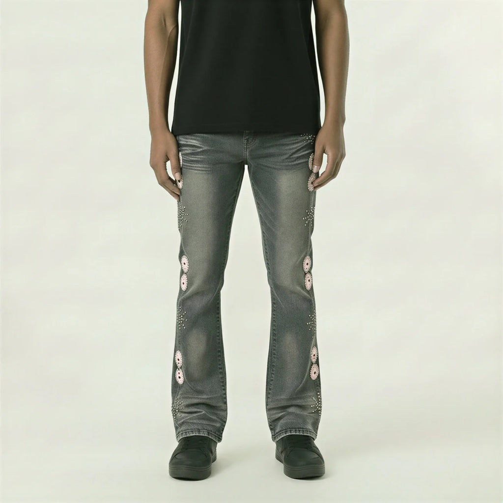 Red Poppy Embellished Jeans - Stacked