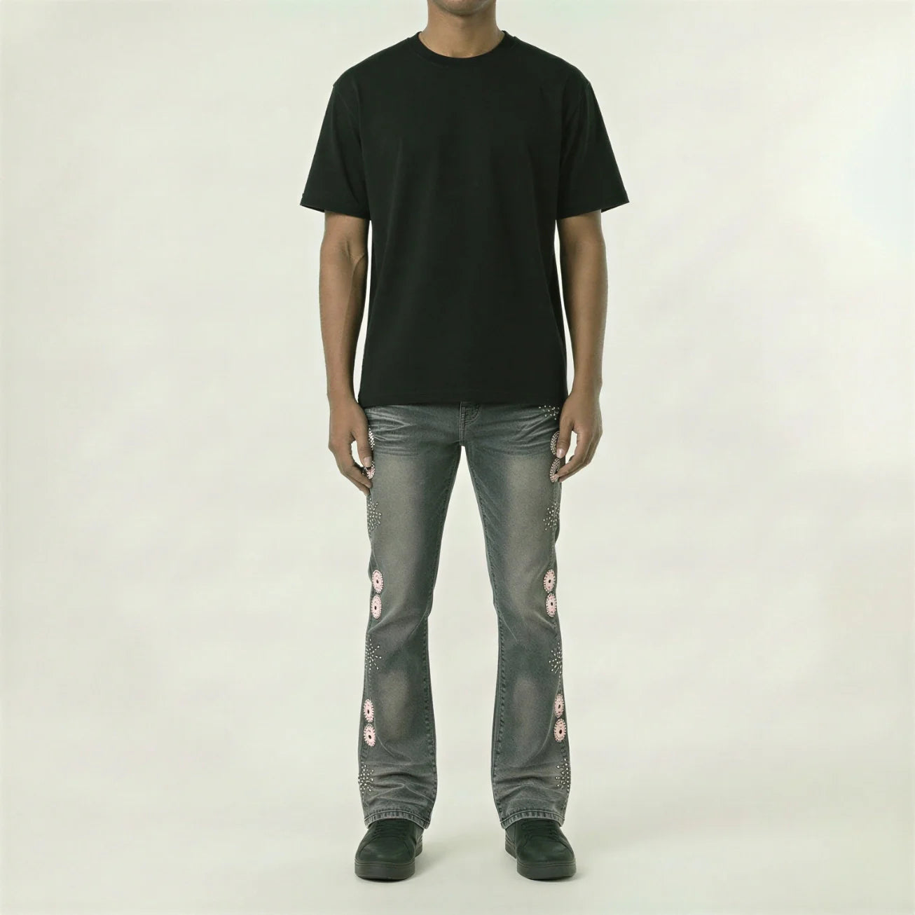 Red Poppy Embellished Jeans - Stacked