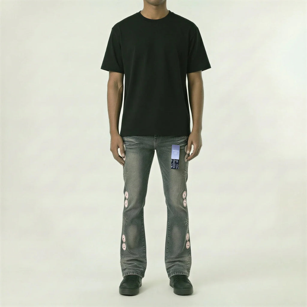 Red Poppy Embellished Jeans - Stacked