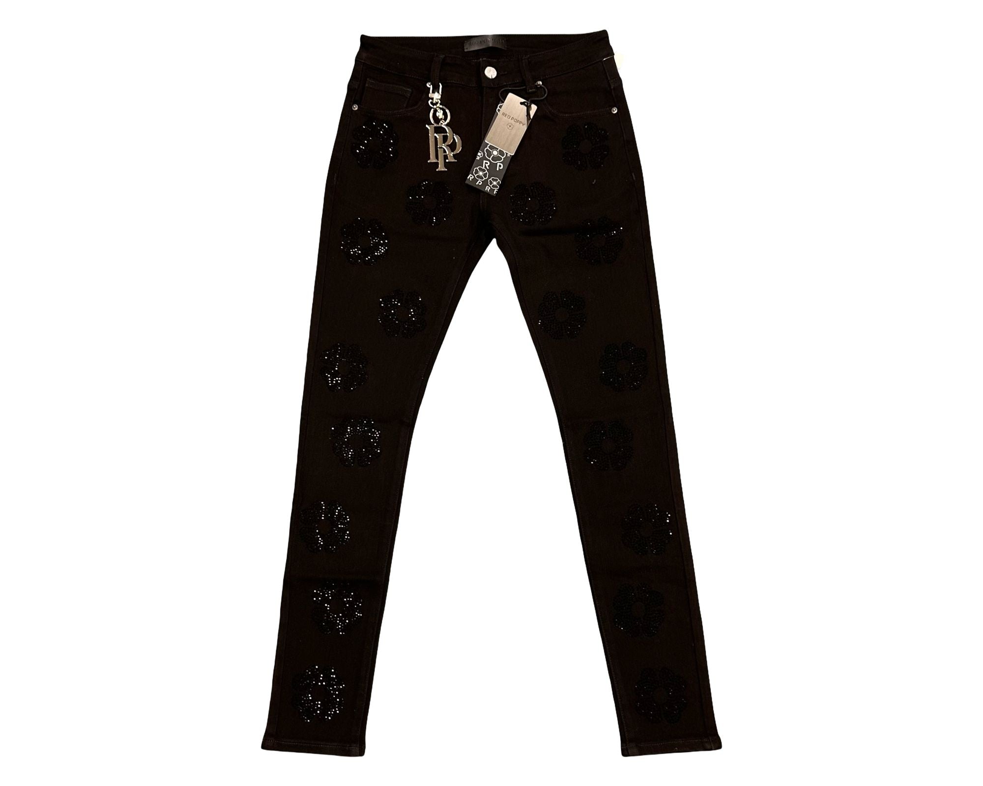 Red Poppy Floral Jeans - Embroidered