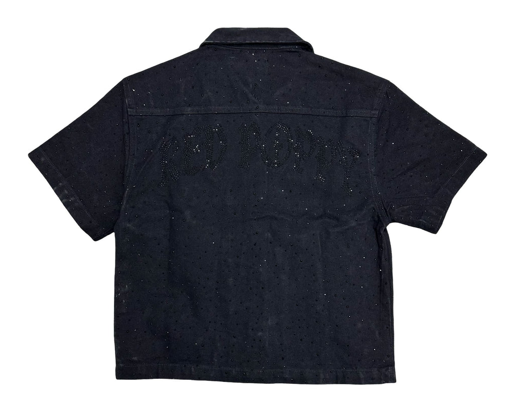 Red Poppy Embroidery Black Shirt - Cropped