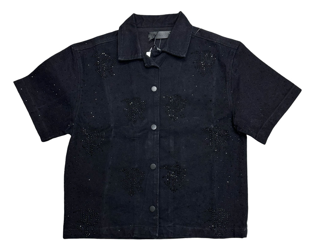 Red Poppy Embroidery Black Shirt - Cropped