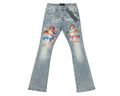 Denim jeans with angel illustrations and 'Red Poppy' branding on a white background