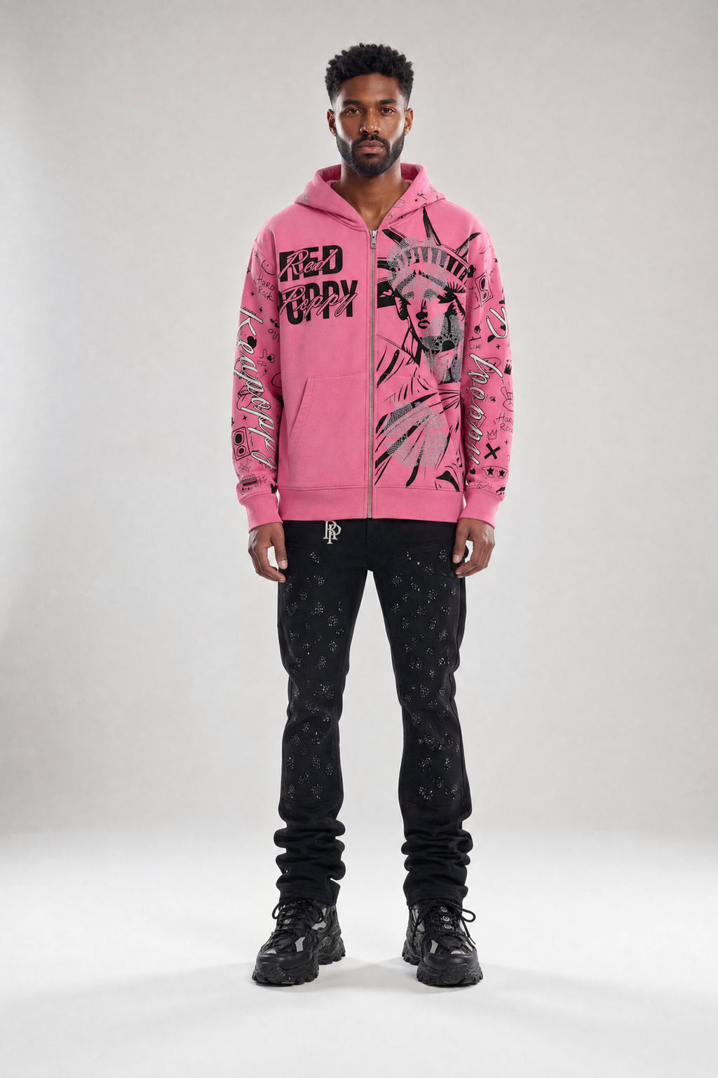 Red Poppy Embroidered Jeans - Stacked Fit