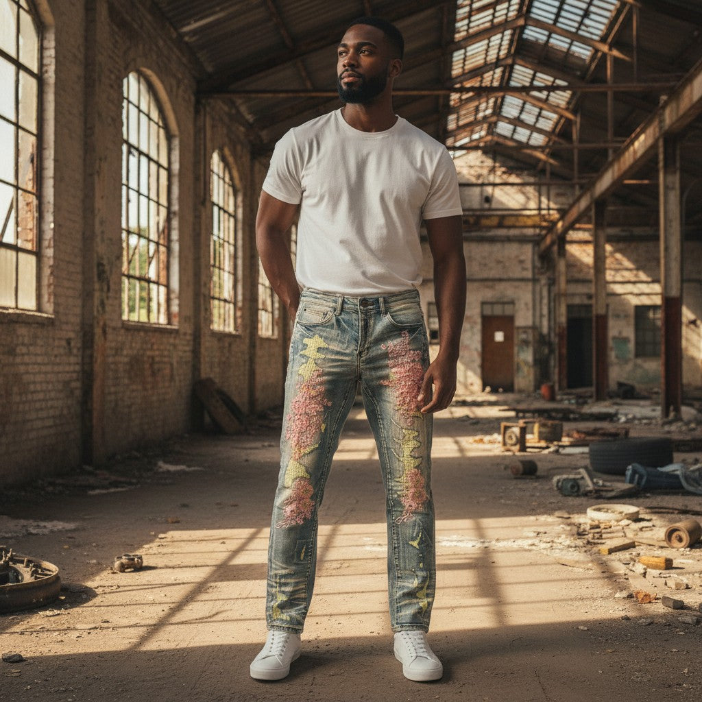 Red Poppy Floral Jeans - Embroidered